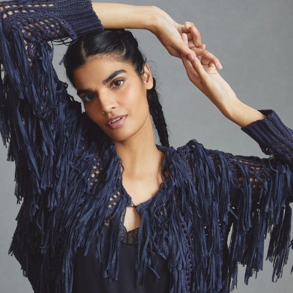 NWT By Anthropologie Cropped Fringe Kimono Sweater - Picture 1 of 4